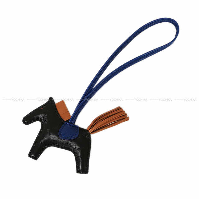 HERMES エルメス バッグチャーム "ロデオ/RODEO" PM 黒(ブラック)XゴールドXブルーサフィール アニューミロ(ラム) 新品