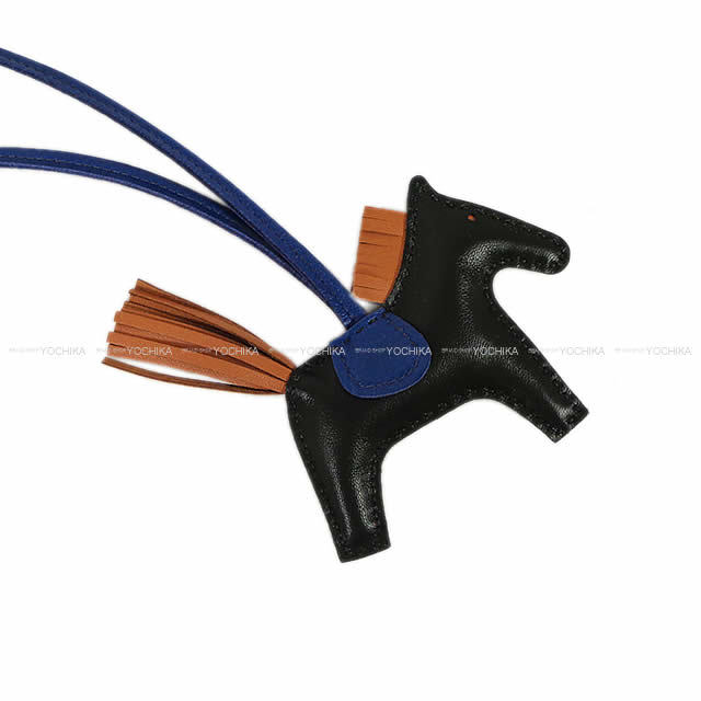 HERMES エルメス バッグチャーム "ロデオ/RODEO" PM 黒(ブラック)XゴールドXブルーサフィール アニューミロ(ラム) 新品