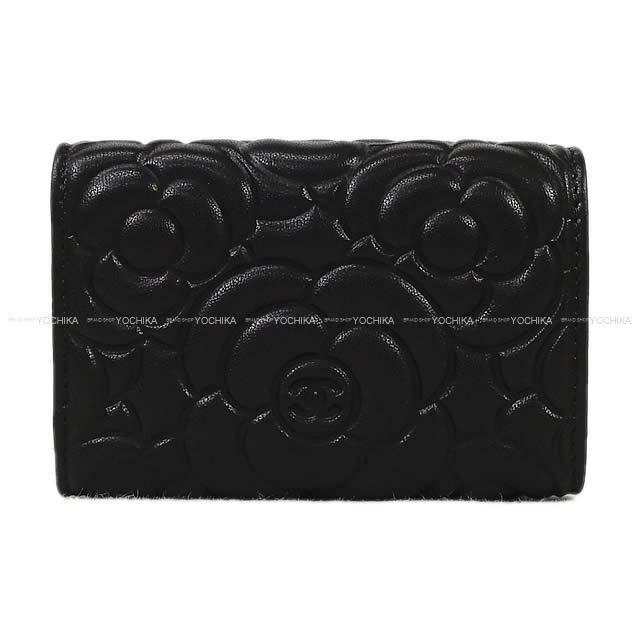 CHANEL シャネル カメリア エンボス フラップ 三つ折り コンパクト 財布 黒 ラムスキン AP0116 新品
