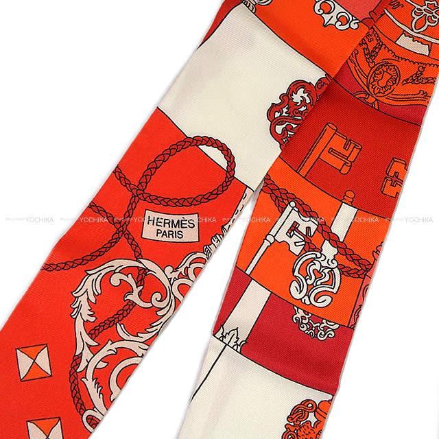 HERMES エルメス ツイリー スカーフ "鍵への螺旋" ルージュXXオレンジX白(ホワイト) シルク100% 新品未使用