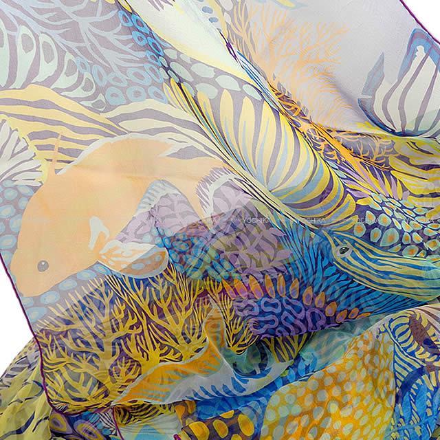 HERMES エルメス ショール カレ140 "UNDER THE WAVE" シエルXジョーヌXモーヴ