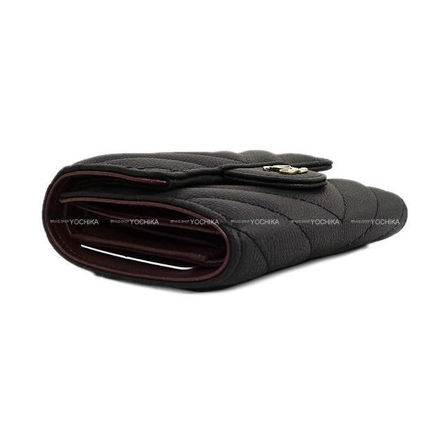 CHANEL シャネル シェヴロン キルティング 三つ折 コンパクト 財布 黒/ボルドー グレインドカーフ A81900 新品