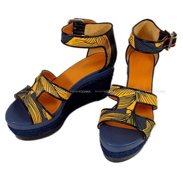 エルメス レディース サンダル "ILANA ESPADRILLE Iris" ウェッジソール #37 アンクルX黒 新品