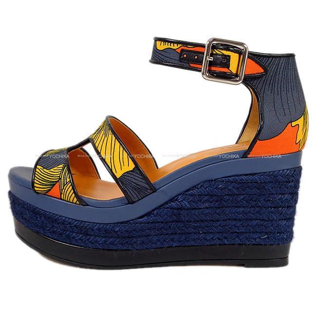 エルメス レディース サンダル "ILANA ESPADRILLE Iris" ウェッジソール #37 アンクルX黒 新品