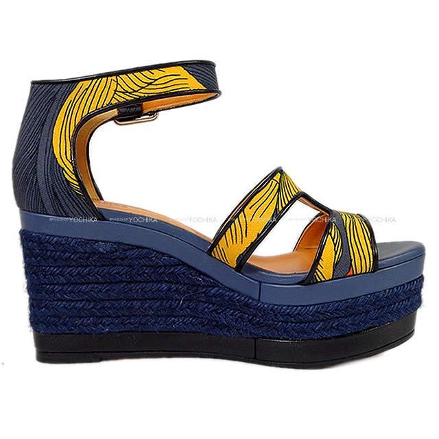 エルメス レディース サンダル "ILANA ESPADRILLE Iris" ウェッジソール #37 アンクルX黒 新品