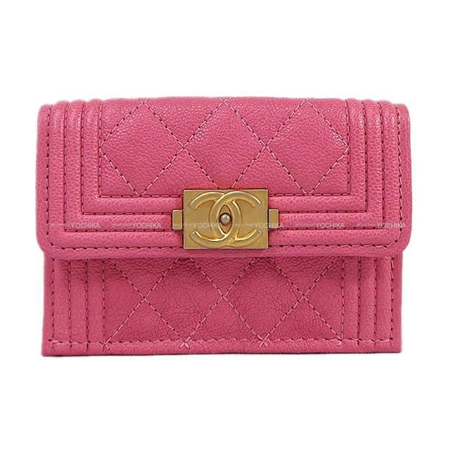 CHANEL シャネル ボーイシャネル 三つ折 コンパクト財布 ピンク グレインドカーフ