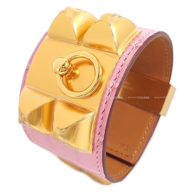 Hermes エルメス メドールブレスレット バングル コリエドシアン Cdc バブルガム ピンク クロコダイルアリゲーターマット ゴールド金具 T2 新品