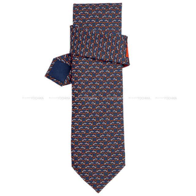 HERMES エルメス ネクタイ "ホーストーク" マリン/オランジュヴィフ/グレー シルク100% 新品