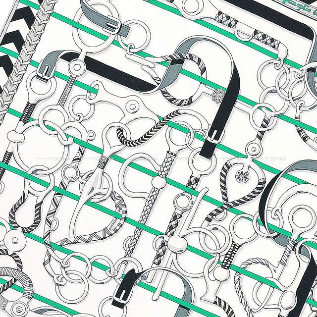 HERMES エルメス カレ90 "乗馬の装身具一式" 白/グリス/メンソール シルク100% 新品