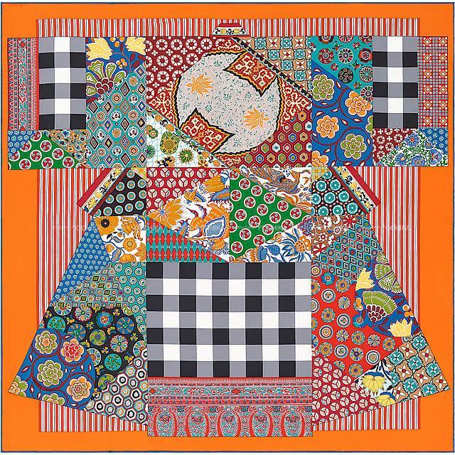 HERMES エルメス スカーフ カレ90 "更紗のアート" オレンジXブルーヴィフXルージュ