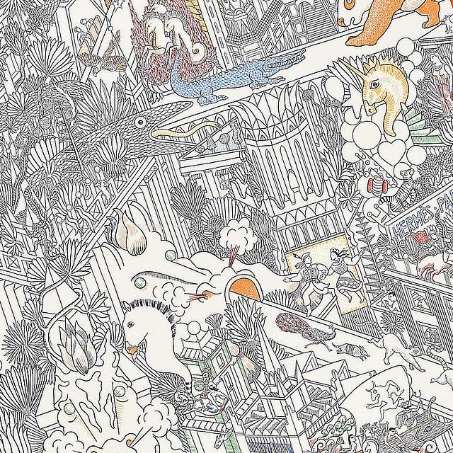 クリーニング済 エルメス カレ90 ホワイト スカーフ エルメス HERMES スカーフ カレ 90 白 ホワイト グレー 小物 総柄