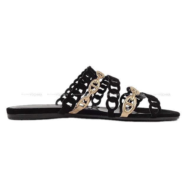 HERMES エルメス レディース セリエ サンダル "NUDE ヌード" #37 黒Xゴールド ナッパレザーXスエード 新品