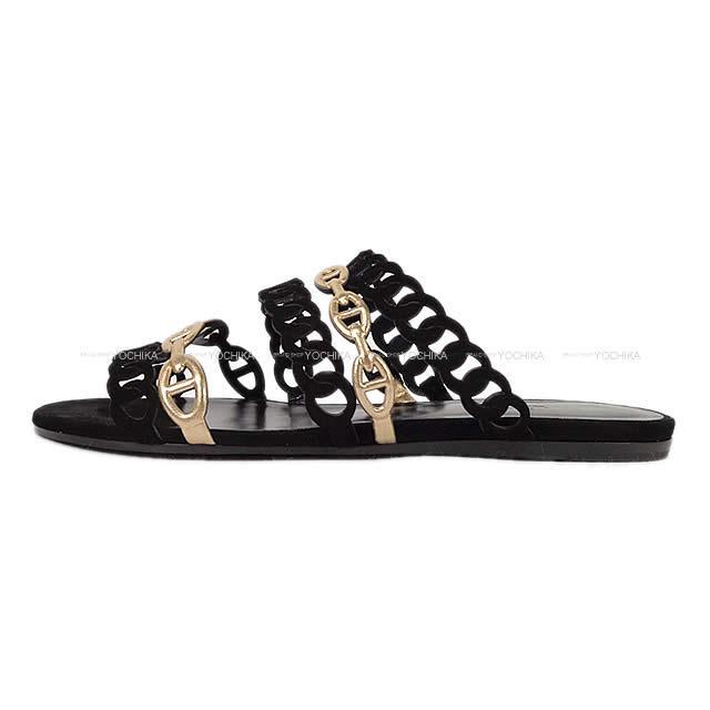 HERMES エルメス レディース セリエ サンダル "NUDE ヌード" #37 黒Xゴールド ナッパレザーXスエード 新品