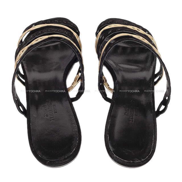 HERMES エルメス レディース セリエ サンダル "NUDE ヌード" #37 黒Xゴールド ナッパレザーXスエード 新品