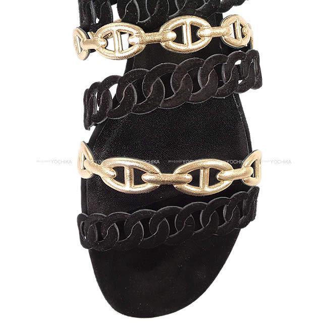 HERMES エルメス レディース セリエ サンダル "NUDE ヌード" #37 黒Xゴールド ナッパレザーXスエード 新品