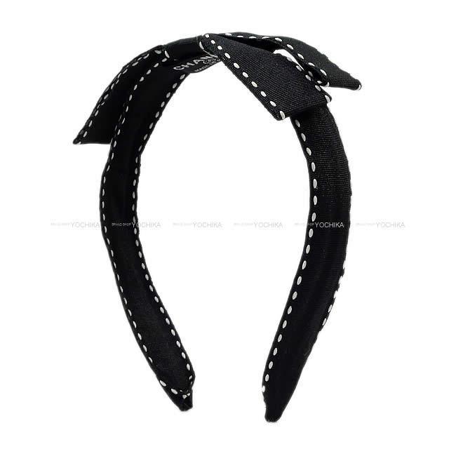 CHANEL シャネル ステッチ リボン カチューシャ ヘッドバンド 黒X白 ナイロンキャンパス 新品