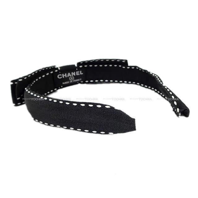 CHANEL シャネル ステッチ リボン カチューシャ ヘッドバンド 黒X白  