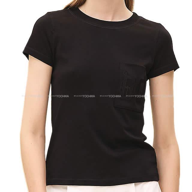 エルメス レディース Tシャツ カットソー 刺繍ポケット付き "Poche Brodee"  黒 コットン #36 新品