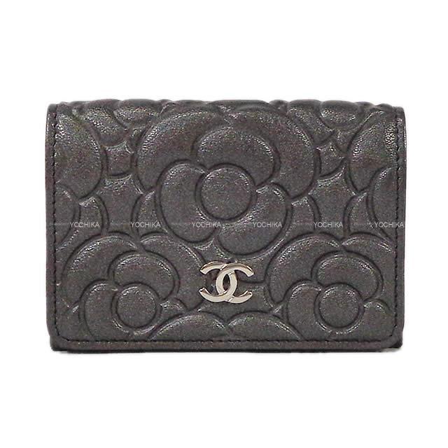 CHANEL シャネル カメリア エンボス フラップ 三つ折り コンパクト 財布 ラムスキン シルバー金具 AP0116 新品