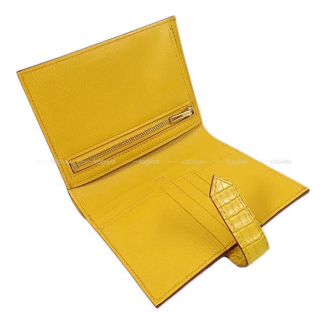 Hermes エルメス 財布 ベアンコンパクト ジョーヌアンブル クロコダイル アリゲーターマット ゴールド金具 新品