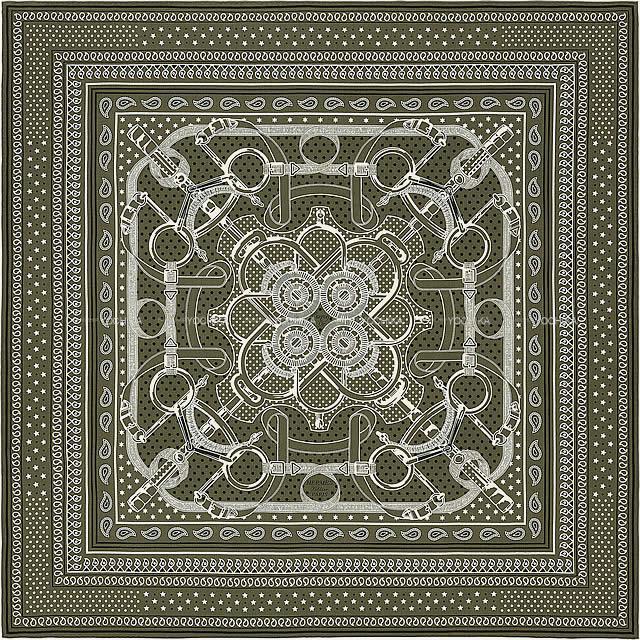 Hermes エルメス ショール カレ140 エプロンドール バンダナ カーキ 白 黒 カシミヤ70 Xシルク