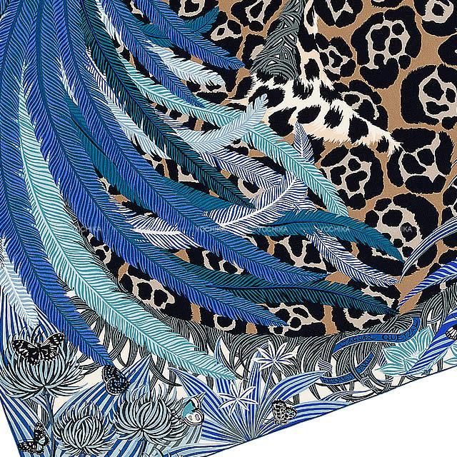 HERMES エルメス ショール カレ140 "ジャガー=ケツァール" ブルーXトー