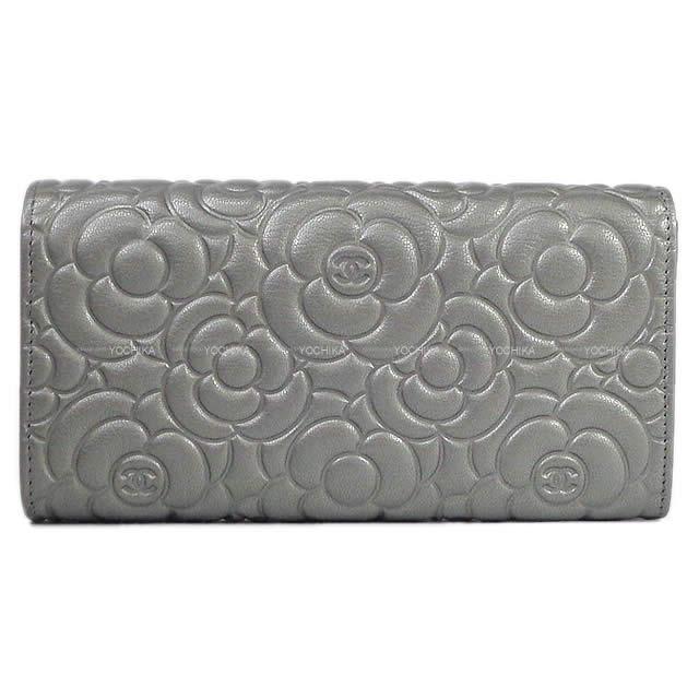 2019年春夏 新作 CHANEL シャネル カメリア エンボス フラップ 長財布 シルバー ラムスキン A82283 新品