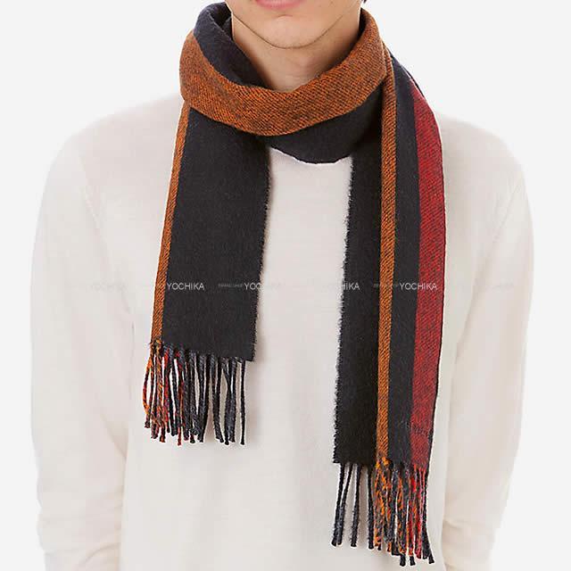 HERMES エルメス マフラー "ECHARPE COLLEGE" 黒/オレンジ/ルージュ/グリス カシミヤ 新品