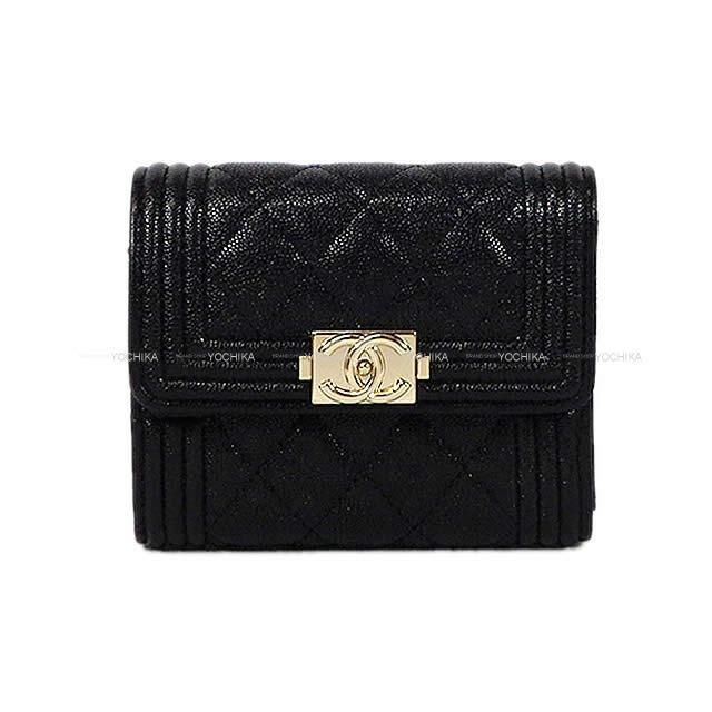 CHANEL シャネル ボーイシャネル 三つ折 コンパクト財布 黒 グレインド