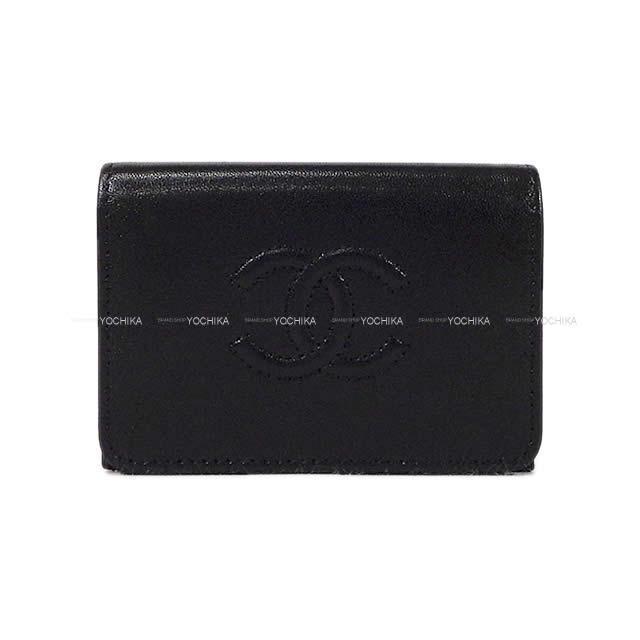 CHANEL シャネル ココマーク コンパクト 三つ折り 財布 黒 ラムスキン