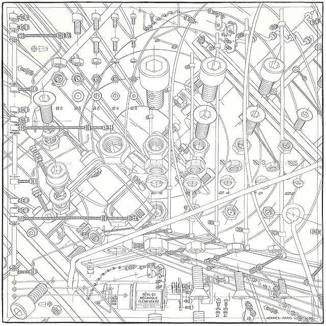 エルメス スカーフ カレH65 "基礎力学の夢" 白（ホワイト）/黒（ブラック） コットン100% 新品