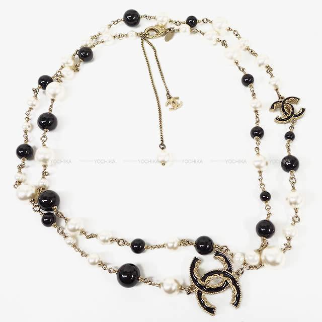 2014年 CHANEL シャネル バイカラー フリル ココマーク パール ロング ネックレス 黒(ブラック)X白(ホ