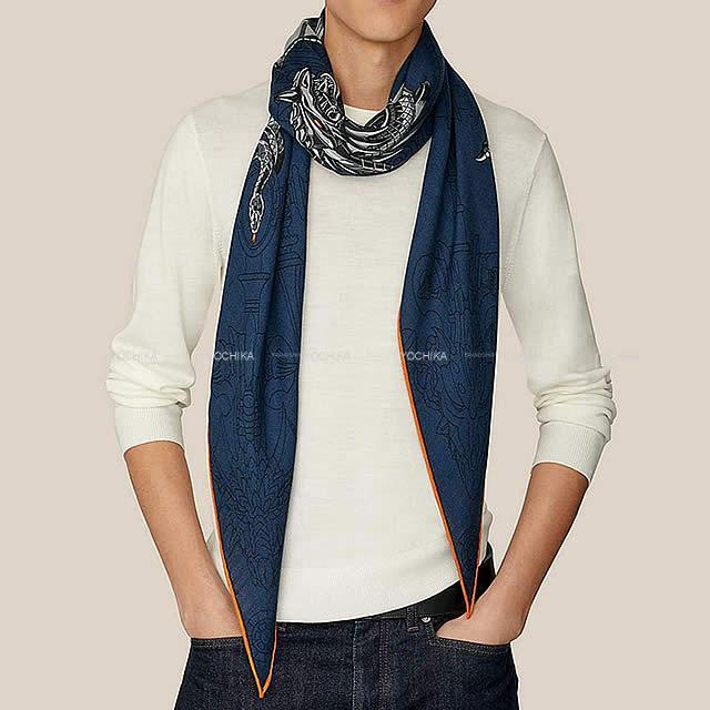 19年秋冬 新作 Hermes エルメス ストール ショール スカーフ 菱型 ロザンジュgm ドラゴン フラッシュ マリンxグレーxオレンジ カシミヤ70 Xシルク30 新品