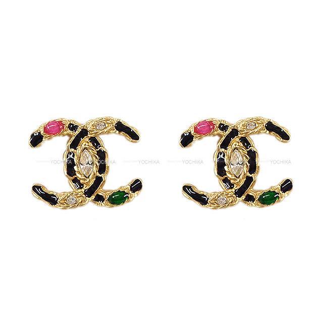 2020年 新作 CHANEL シャネル ココマーク チェーン&カラーストーン ピアス 黒(ブ
