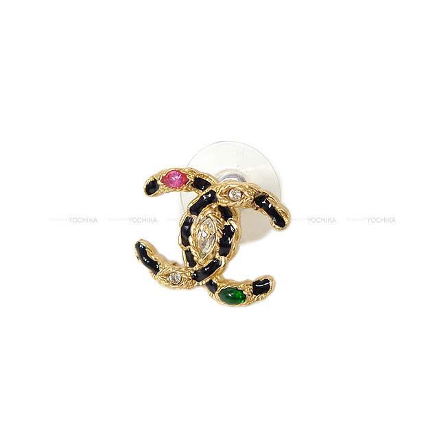 2020年 新作 CHANEL シャネル ココマーク チェーン&カラーストーン ピアス 黒(ブ