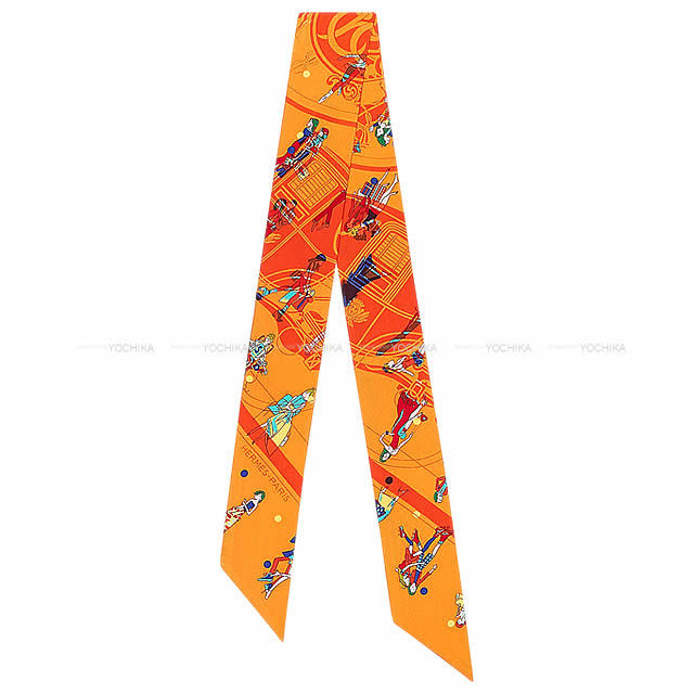 HERMES エルメス ツイリー スカーフ "エクリブリス パリジェンヌ" オレンジXターコイズXジョーヌ シルク100% 新品