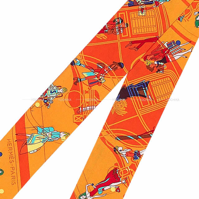 HERMES エルメス ツイリー スカーフ "エクリブリス パリジェンヌ" オレンジXターコイズXジョーヌ シルク100% 新品