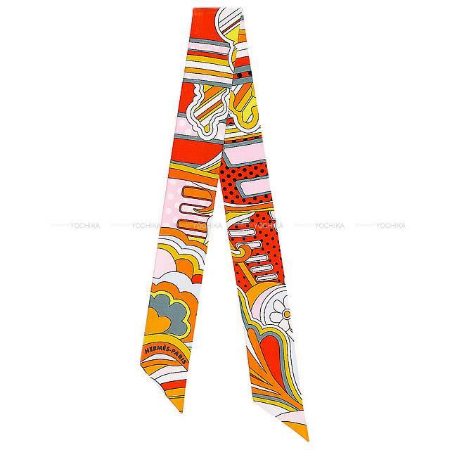HERMES エルメス ツイリー スカーフ "フォーブルレインボー" オレンジXピンクXグレー シルク100% 新品