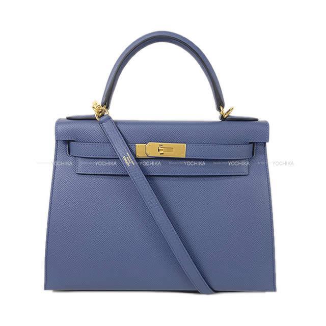 1HERMES エルメス ハンドバッグ ケリー28 外縫い ブルー