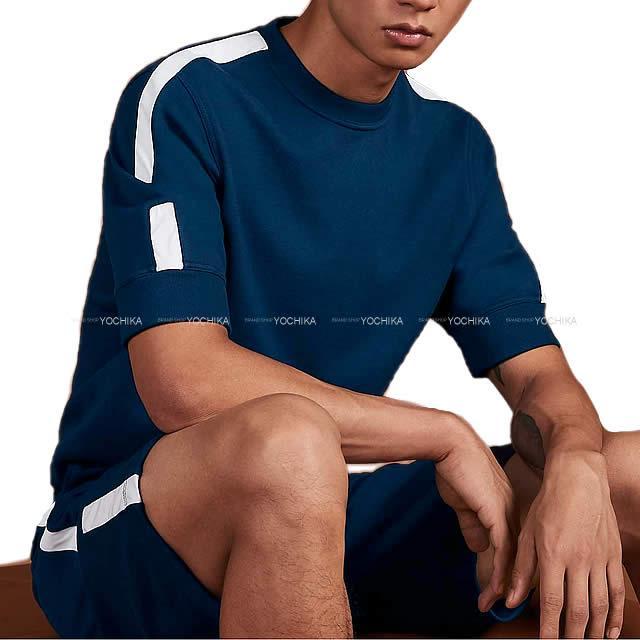 Hermes エルメス メンズ スウェット 半袖 ハーフパンツ 上下セット ジョギング Tシャツ M インディゴx白 ホワイト コットン100 新品