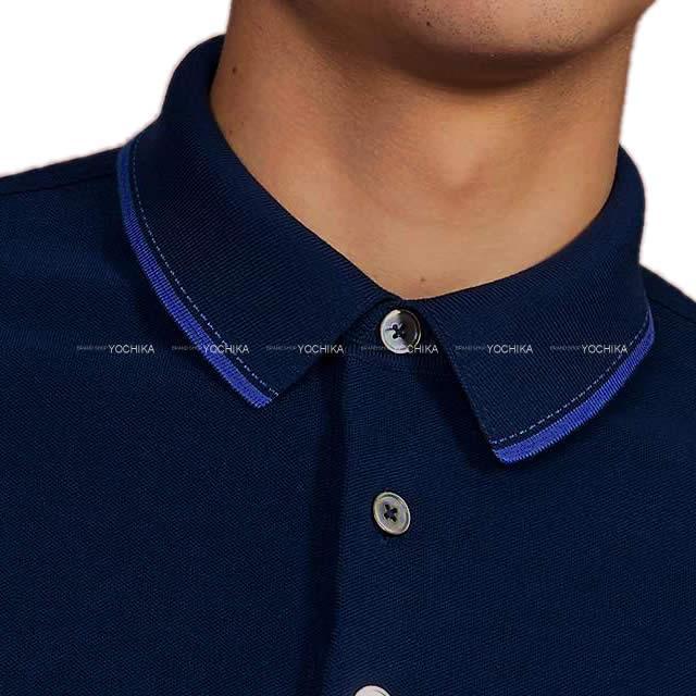 HERMES エルメス メンズ 胸ポケット付 襟ステッチ＆ライン ポロシャツ #M マリン コットン100％ 新品