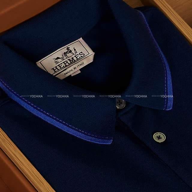 HERMES エルメス メンズ 胸ポケット付 襟ステッチ＆ライン ポロシャツ #M マリン コットン100％ 新品