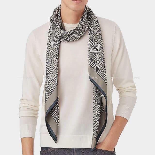 HERMES エルメス ショール カレH 140 "TINOS" トープ/白/マリン シルク100% 新品