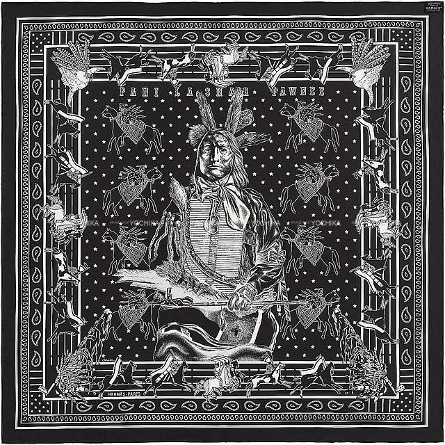 HERMES エルメス スカーフ カレ90 ダブルフェイス "パウニー族の首長" 黒/マリン シルク100% 新品