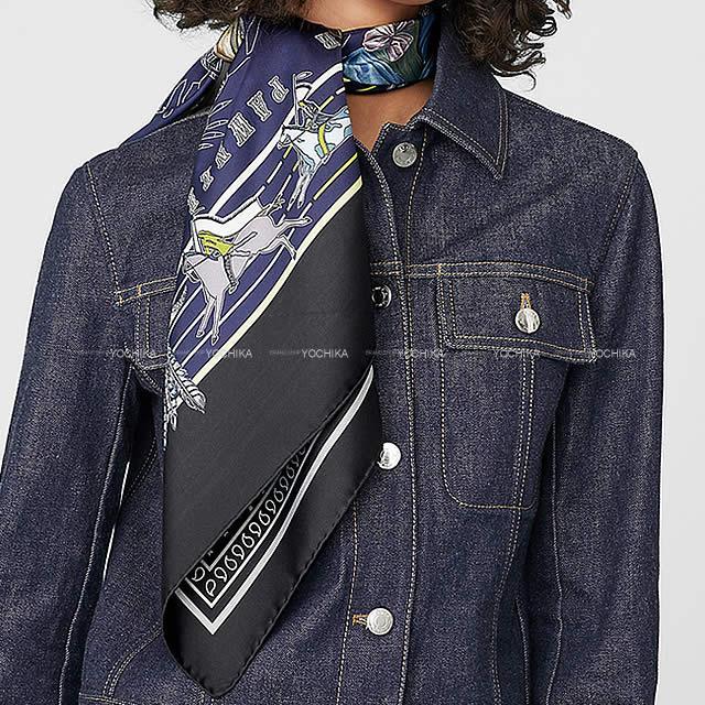 HERMES エルメス スカーフ カレ90 ダブルフェイス "パウニー族の首長" 黒/マリン シルク100% 新品
