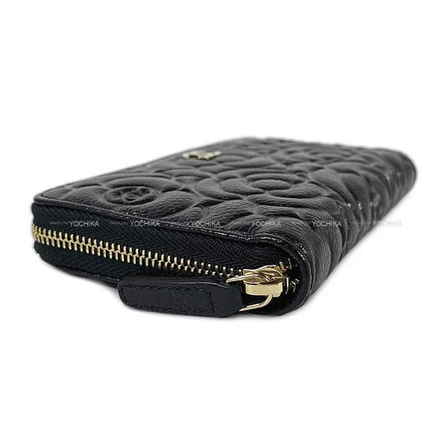 シャネル カメリア型押し ミディアム ラウンドファスナー コンパクト 財布 黒 A82284 新品