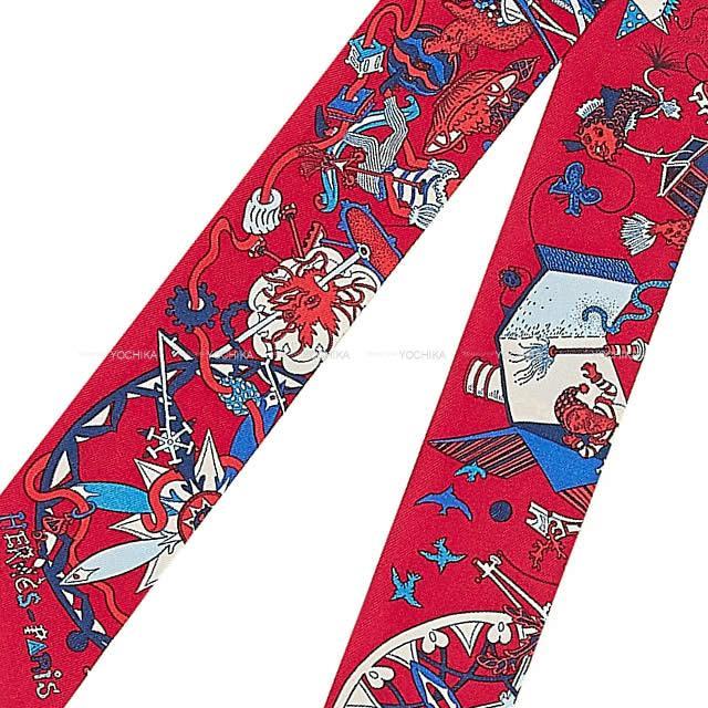 エルメス ツイリー スカーフ "ラ フォル パラード" ルージュXブルーX白(ホワイト) シルク100% 新品