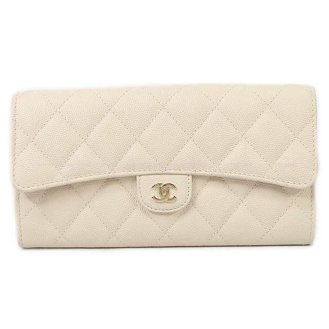 【4ub1836】シャネル 長財布 マトラッセ キャビアスキン アイボリー ゴールド金具【中古】レディース CHANEL シャネル クラシック マトラッセ フラップ 長財布 アイボリー