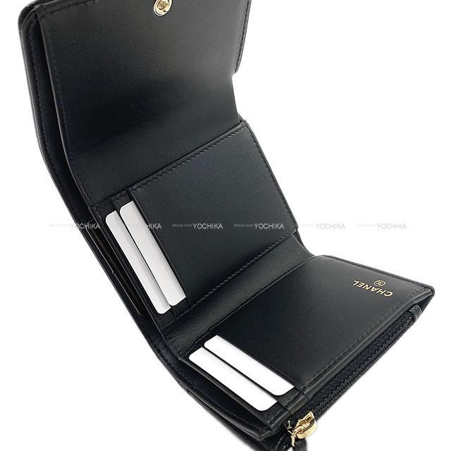 CHANEL シャネル カメリア エンボス 三つ折り コンパクト 財布 黒 グレ  