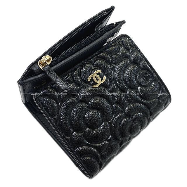 CHANEL シャネル カメリア エンボス 三つ折り コンパクト 財布 黒 グレ  